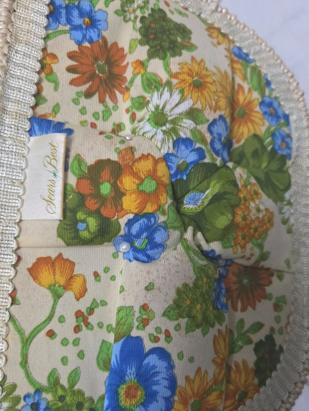 Vintage 1970s Floral Wicker Sewing Basket Double Handle Double Lid Mid Century